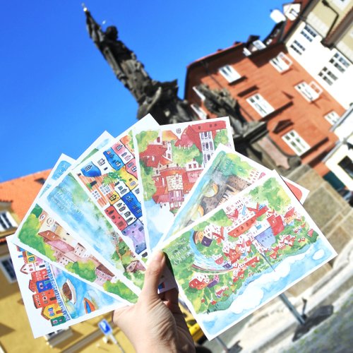 ラミヨーロッパ旅行水彩手描きポストカードセット（7インチ）-チェコ共和国、オーストリア、イタリア