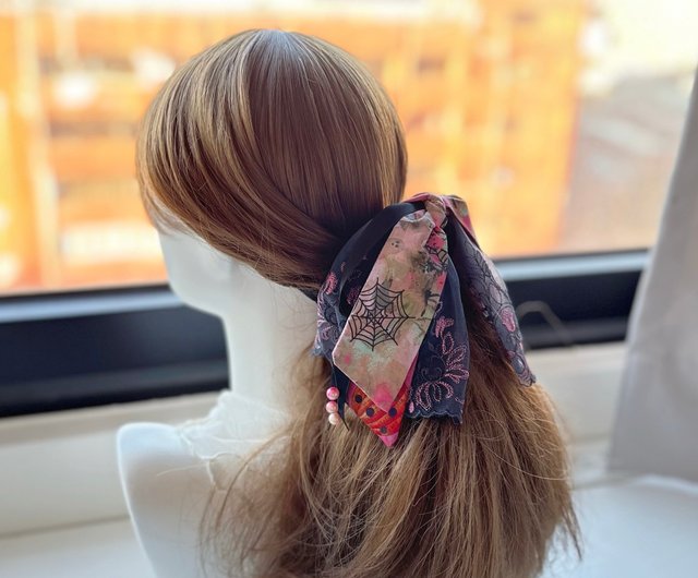 ハンドメイド バンスクリップ リボン　大人可愛い♡ピンクグレー コットンリボン バンスクリップ - ハロウィン グレイッシュ