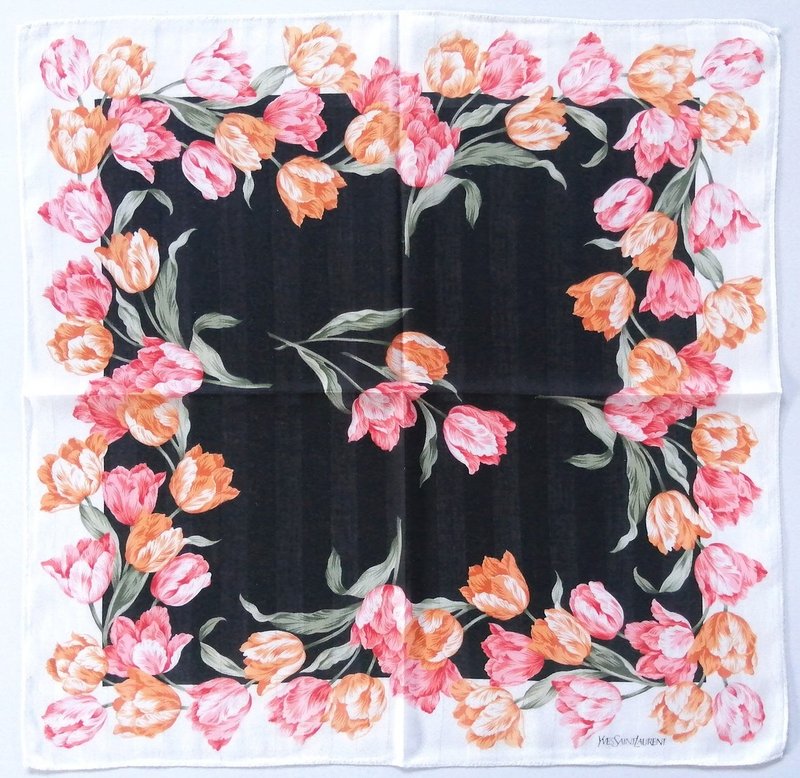 Yves Saint Laurent Vintage Handkerchief Tulips 19 x 18.5 inches - 手帕 - 棉．麻 黑色
