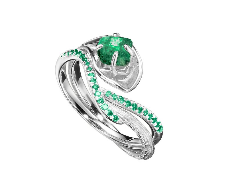 Raw emerald ring + pave bridal band alternative engagement &amp; wedding ring set