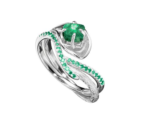 Majade Jewelry Design 祖母綠14k白金馬蹄蓮結婚戒指組合 海芋花原石密鑲求婚戒指套裝