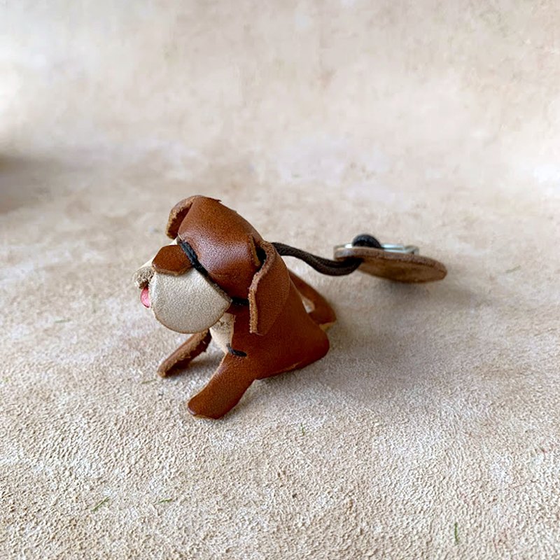 Animal Forest-Puppy-Genuine vegetable tanned leather key ring charm animal shape - Keychains - Genuine Leather Brown