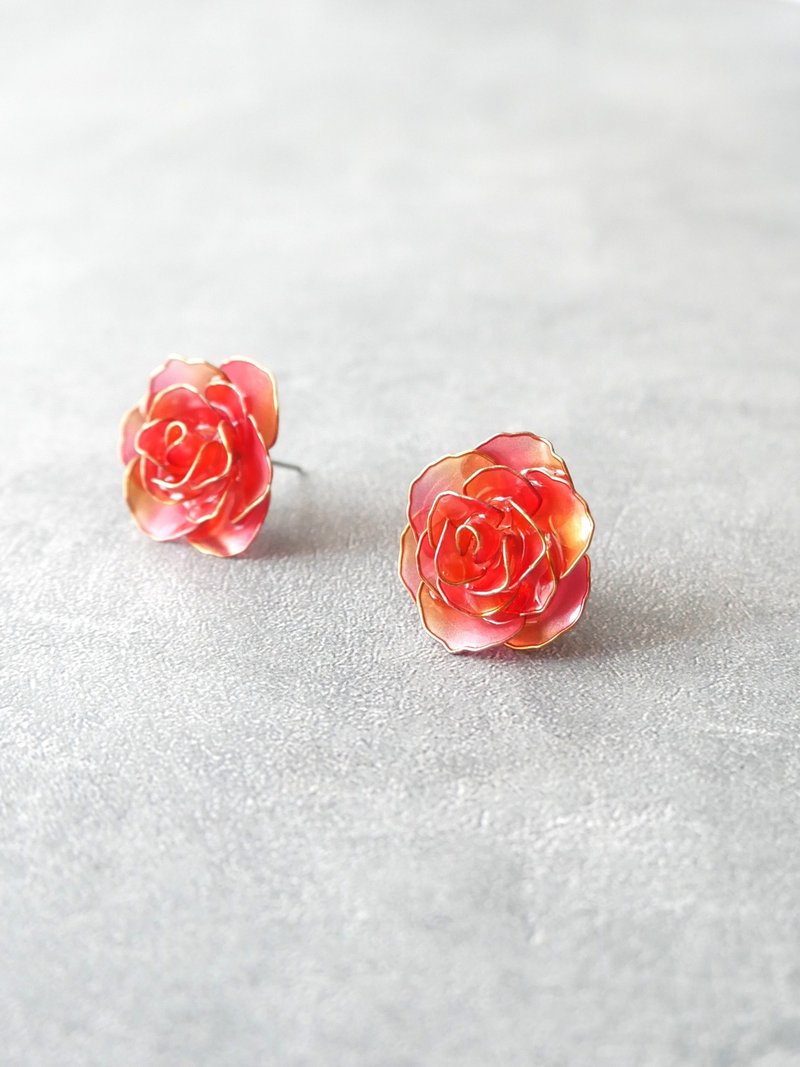 Rose - Pink orange earrings - ต่างหู - เรซิน สึชมพู