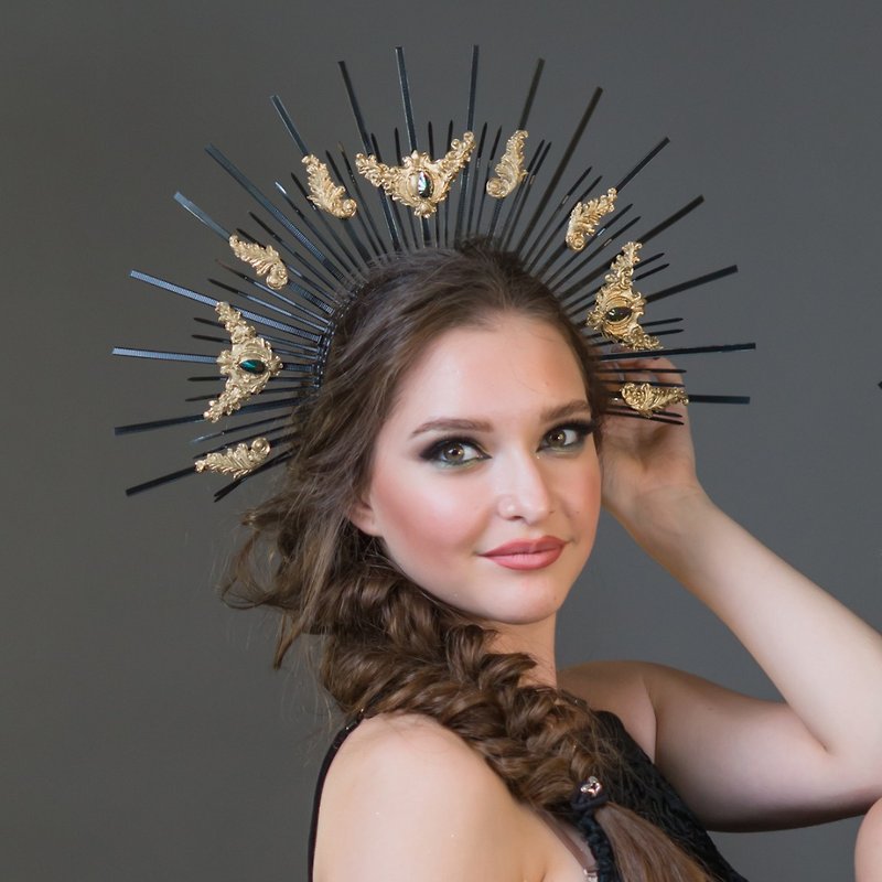 Gothic halo crown Black goddess headpiece Dark wedding bridal tiara Halloween - Hair Accessories - Other Materials Black