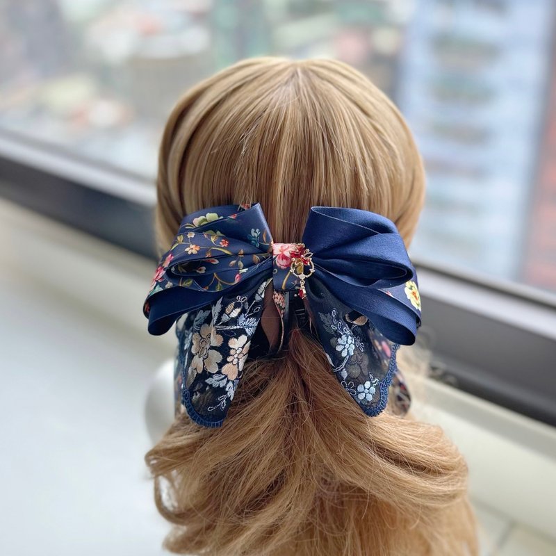 Exclusive lace bow intersecting clip banana clip fairy clip hair clip - antique dark blue - Hair Accessories - Other Materials Blue