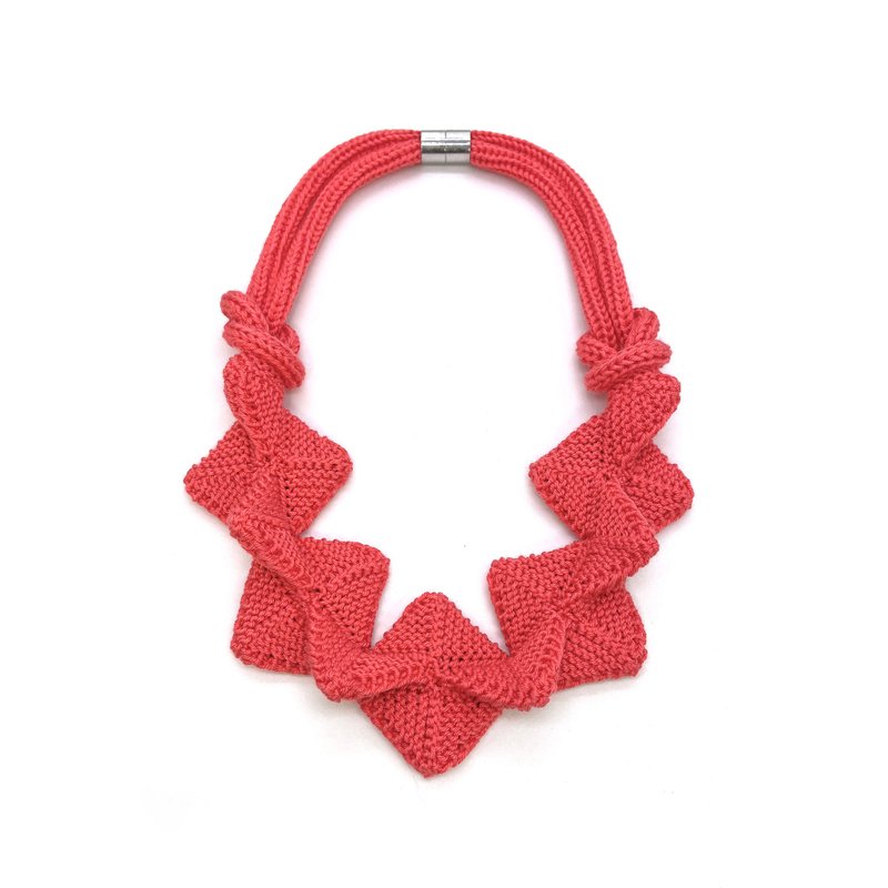 Coral knitted Necklace Textile statement jewelry Contemporary textile pendants - Necklaces - Thread Red