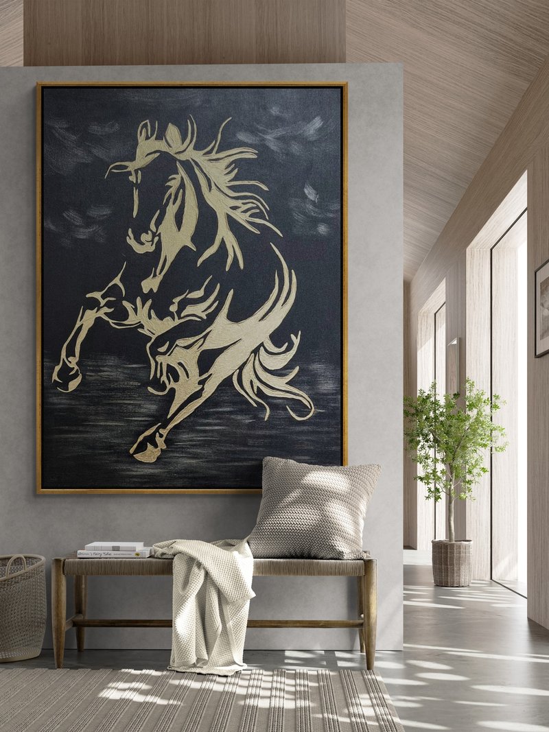 Large Abstract Gold Horse Painting on Canvas  Wall Ar Picture for Living Room - Wall Décor - Cotton & Hemp Black