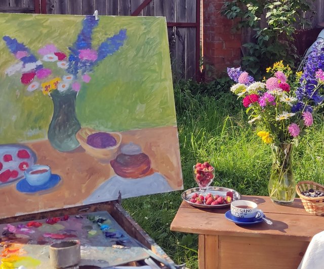 花の静物画 オリジナルアート 花瓶に入った花束 夏の風景