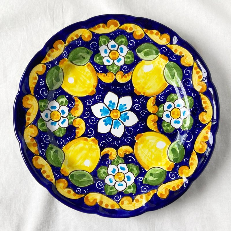 絵皿 26cm マヨリカ焼き イタリア陶器 レモン柄　コバルトブルー - 盤子/餐盤/盤架 - 陶 藍色