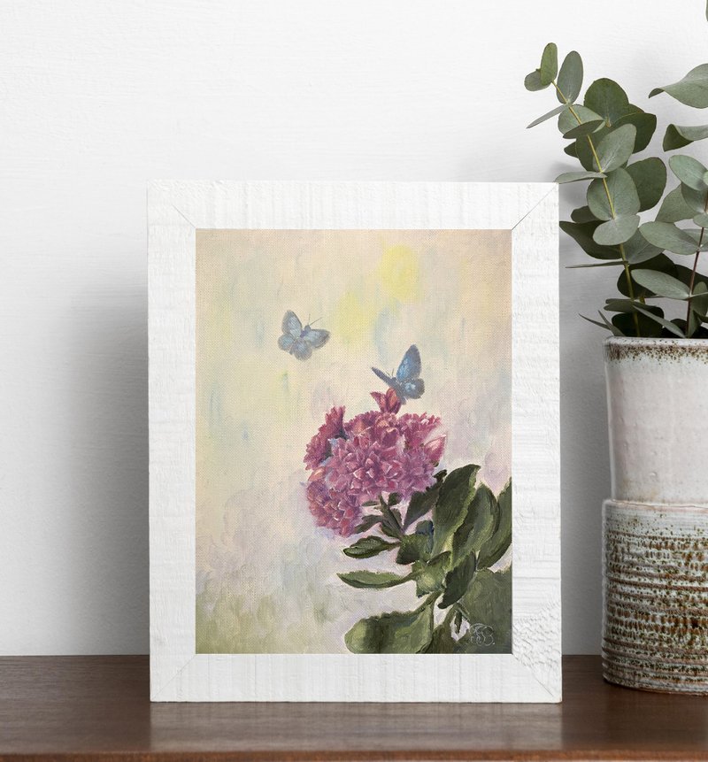 Original Small Oil Painting of Kalanchoe Flowers, Floral Art 15 x 20 cm - 壁貼/牆壁裝飾 - 紙 粉紅色