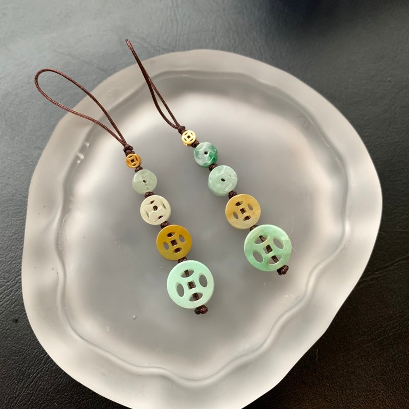 Natural Burmese Jadeite Phone Charm, Phone Lanyard, Jade Coin, Gift, Good Fortune, Wealth Attraction - Lanyards & Straps - Jade Multicolor