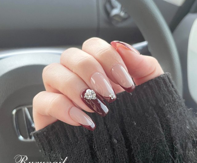 ネイルチップ/ボルドーフレンチ/ビジュー/シンプル/サイズ指定