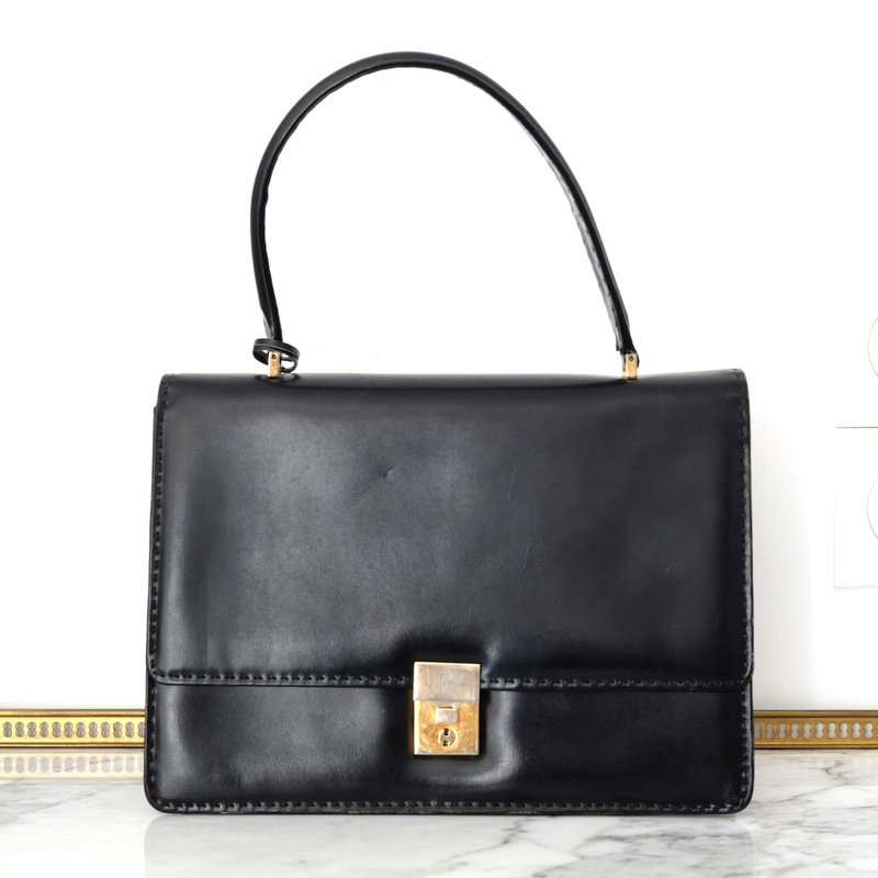 French Vintage Black Genuine Leather Handbag - กระเป๋าถือ - หนังแท้ สีดำ