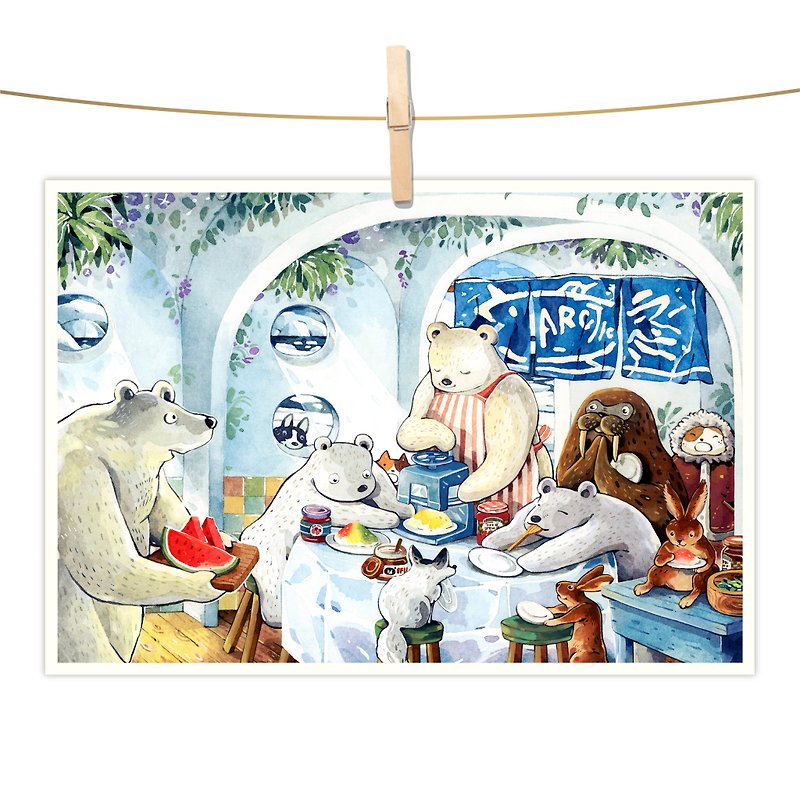 afu watercolor illustration postcard-polar bear summer - การ์ด/โปสการ์ด - กระดาษ สีน้ำเงิน