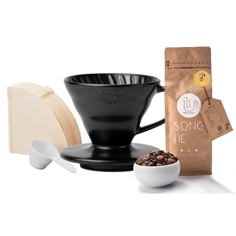 HARIO V60 Fog Black Filter Cup + Taiwan Alishan Sunrise Coffee Beans 225g + Filter Paper Set - Coffee Pots & Accessories - Pottery Black