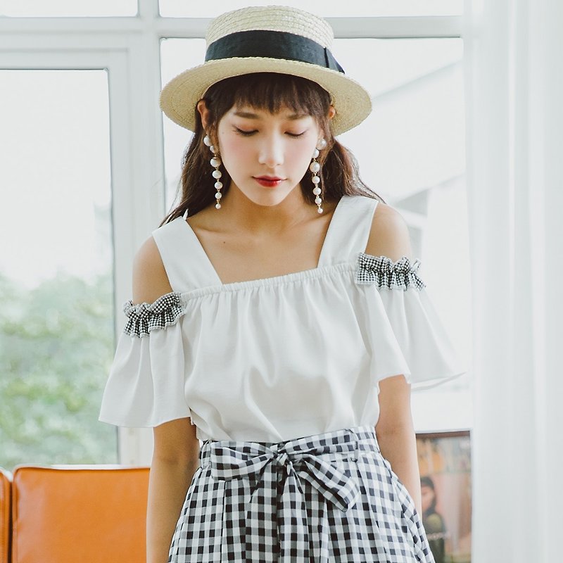[full price] Anne Chen 2018 summer new style literary women's color contrast small plaid shirt YYX8530 - Women's Tops - Polyester White