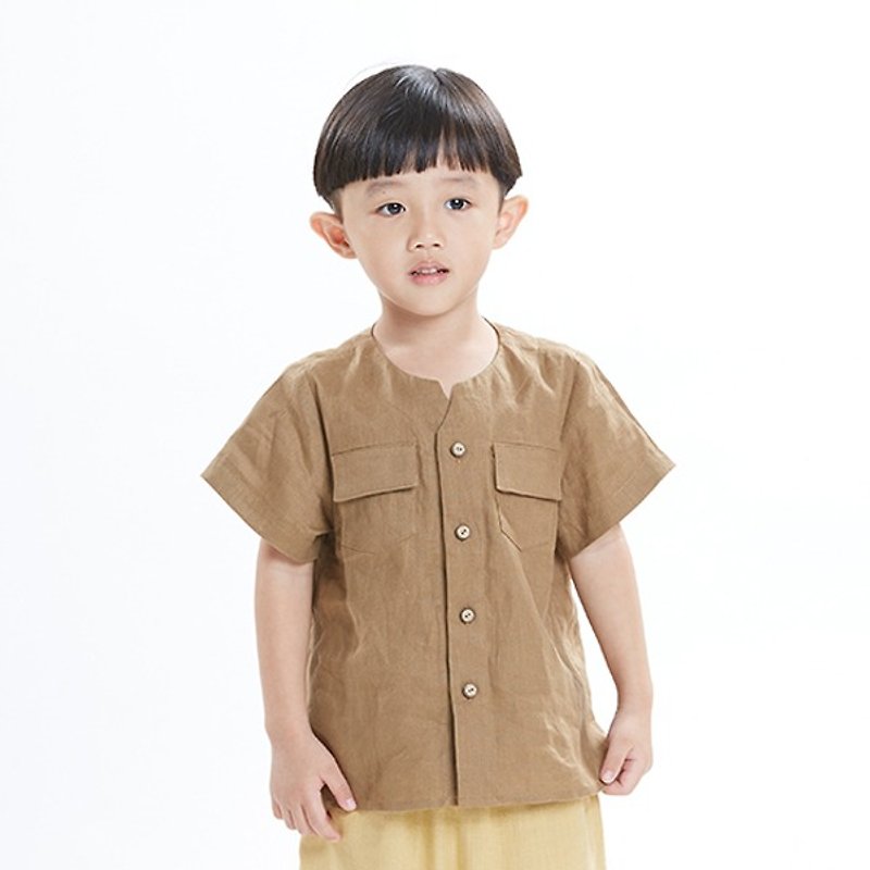 L0273 boys small V port short-sleeved collarless shirt - sumac - Other - Cotton & Hemp Khaki