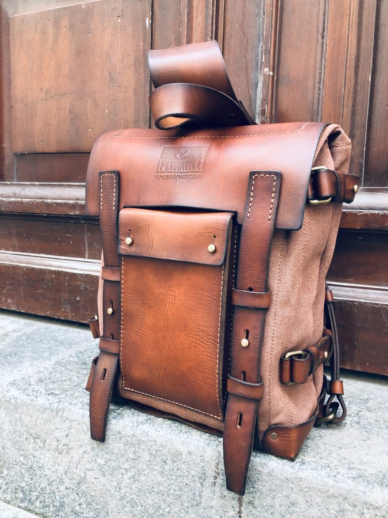 Leather Canvas Backpack Sling Backpack Messenger Bag Satchel Vintage Leather Bag - Messenger Bags & Sling Bags - Genuine Leather Brown