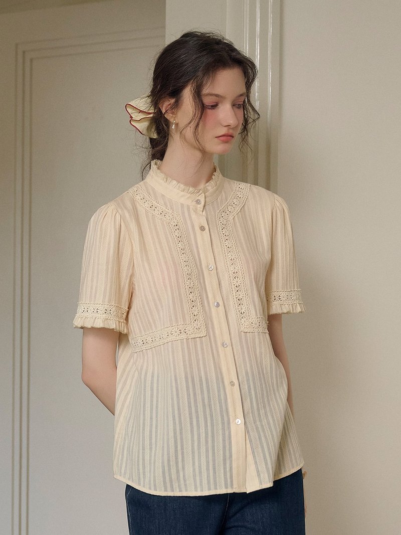 Louisa 立領刺繡提花100%純棉上衣 - 女上衣/長袖上衣 - 棉．麻 白色