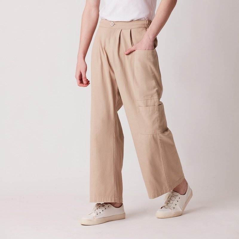 Elastic cuff wide-leg trousers - กางเกงขายาว - ผ้าฝ้าย/ผ้าลินิน สีกากี