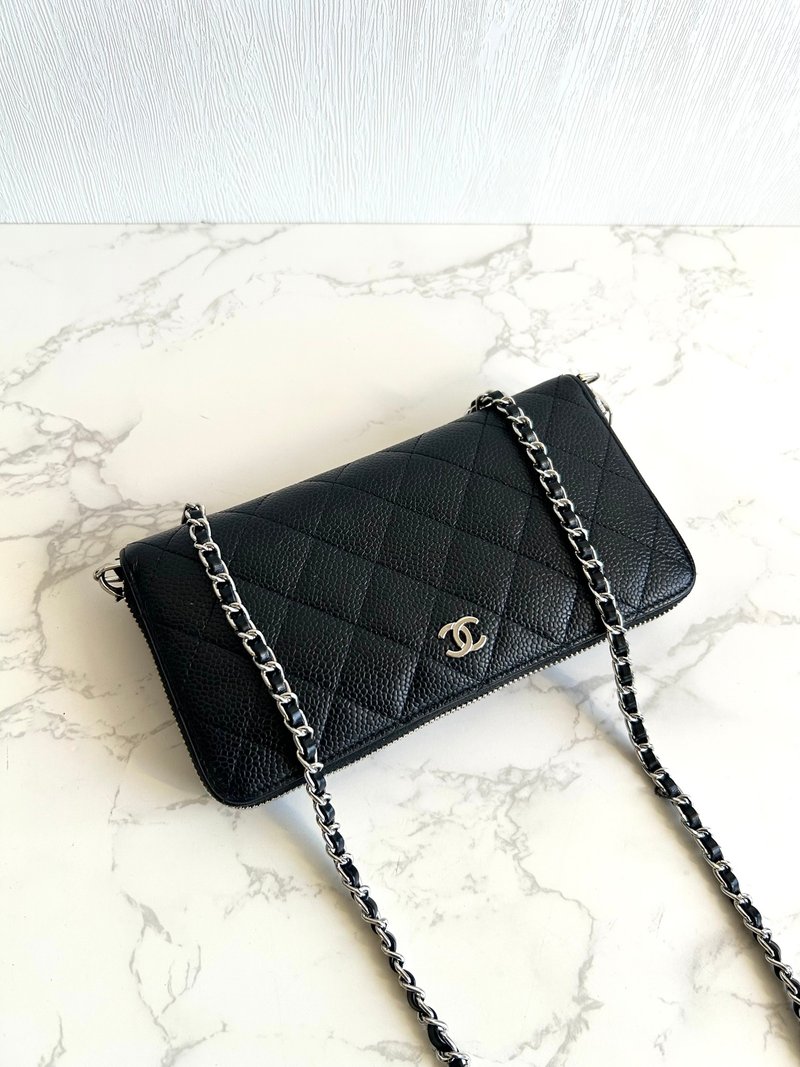 中古二手Chanel黑色魚子醬皮革WOC長夾錢包斜背側孭單肩小包手袋 - 側背包/斜孭袋 - 真皮 黑色