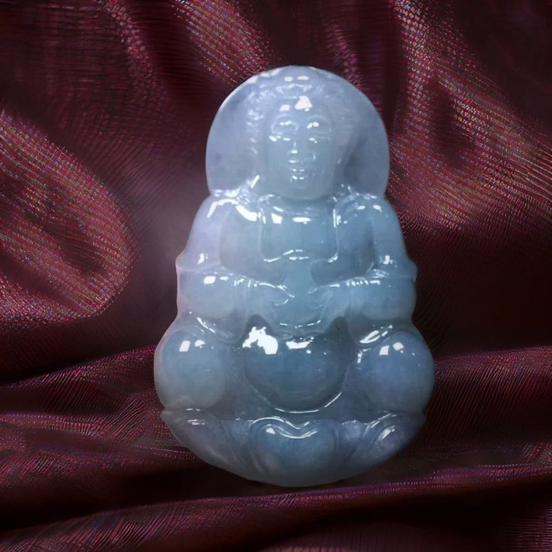 冰種翡翠精雕寶瓶觀音菩薩 | 天然緬甸玉翡翠A貨 | 送禮 - 吊飾/掛飾 - 玉石 透明