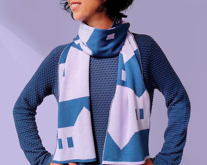 青と青のライラック色の Lilville スカーフ。ピュアメリノウールのマフラー。彼女への贈り物。 - スカーフ - ウール ブルー
