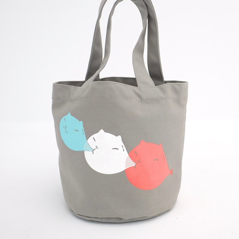 Barrel handbag - bubble cat / grey - กระเป๋าถือ - ผ้าฝ้าย/ผ้าลินิน สีเทา