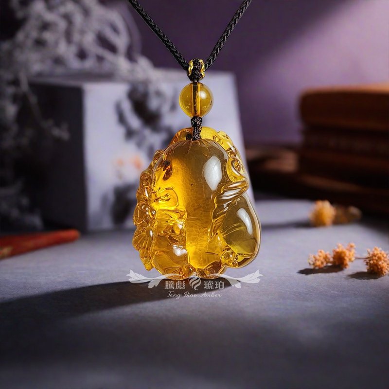 騰彪琥珀 天然琥珀蜜蠟 藍綠琥珀 手到福來 精品伸縮 吊墜繩鍊 - 項鍊 - 半寶石 橘色