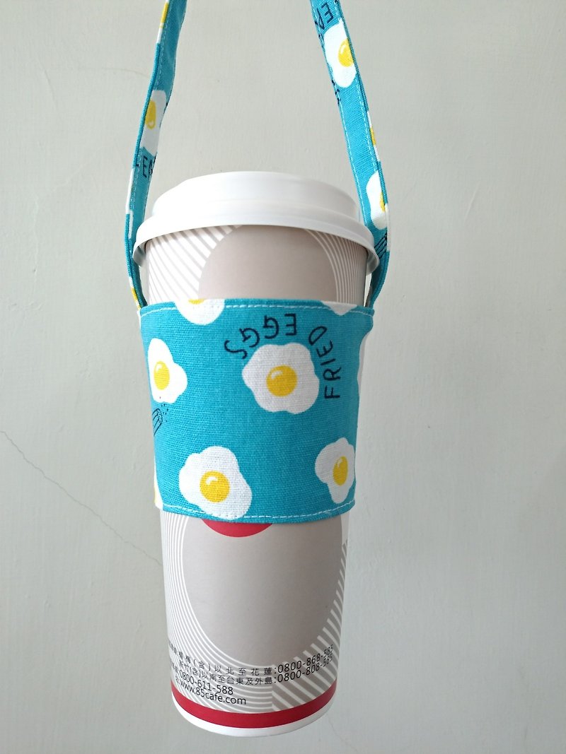 Beverage Cup Holder, Green Cup Holder, Hand Beverage Bag, Coffee Bag Tote Bag-Poached Egg (Light Blue) - ถุงใส่กระติกนำ้ - ผ้าฝ้าย/ผ้าลินิน 