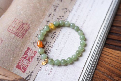 Angel's tears 天使之淚 Jewelry Design 8mm天然和田玉 /和闐玉-冰碧玉瑪瑙桶珠琥珀回紋珠設計單圈手串