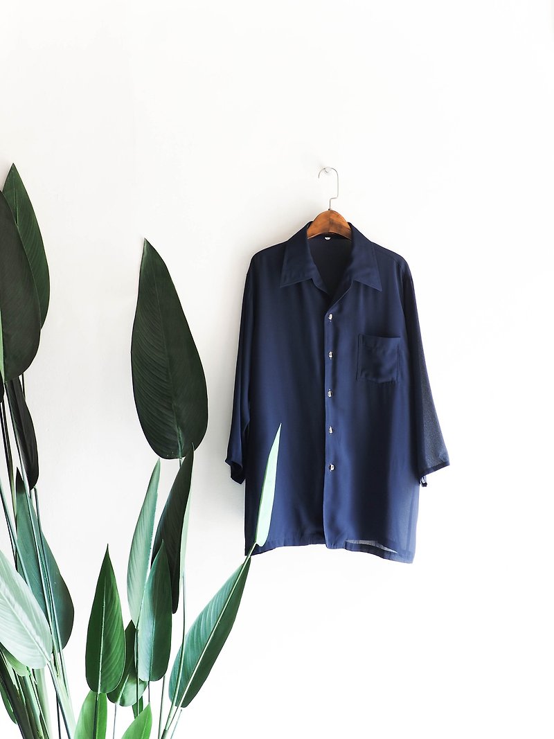 Kawasui - Fukushima navy classic plain spring day and antique silk spinning shirt shirt shirt oversize vintage - Women's Shirts - Polyester Blue