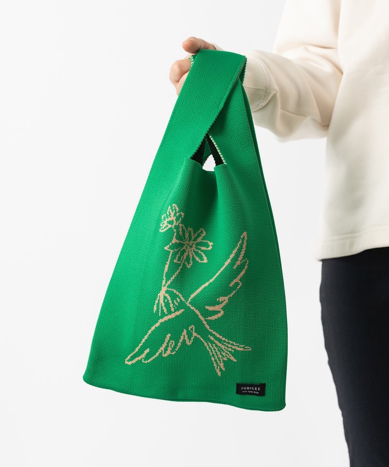 Jubilee knit tote bag, large market size , bird simple, green - กระเป๋าถือ - เส้นใยสังเคราะห์ สีเขียว