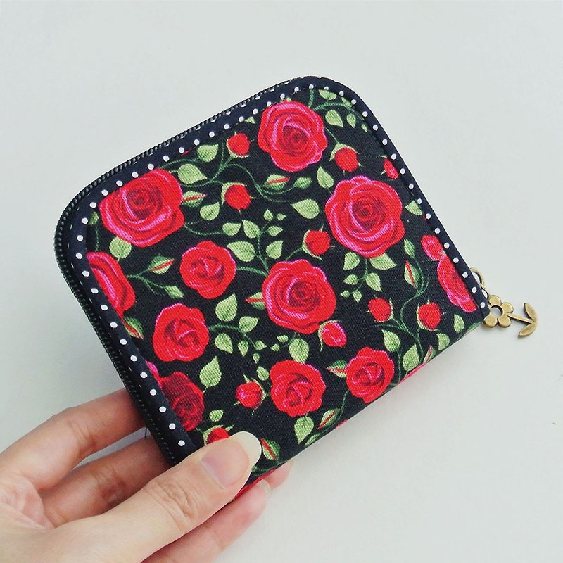 Simple Wallet, Mini Zipper Wallet, Small Purse, Change Wallet - English Rose - 財布 - コットン・麻 ブラック