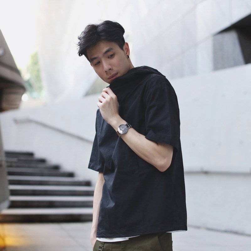 夏季純色小高領拉鏈短袖連帽T恤上衣/19SS/ - 男 T 恤 - 尼龍 黑色
