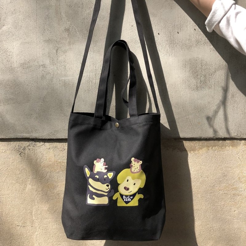 Dog and Hedgehog Friends-Three-purpose long and short shoulder color serigraphy bag - Messenger Bags & Sling Bags - Other Materials Black