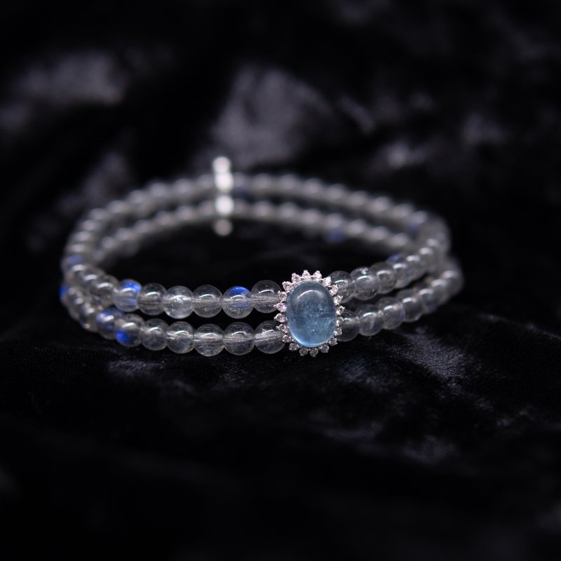 Silver Inlaid Aquamarine + Translucent Blue Stone Double Row Beaded Bracelet - Bracelets - Crystal 