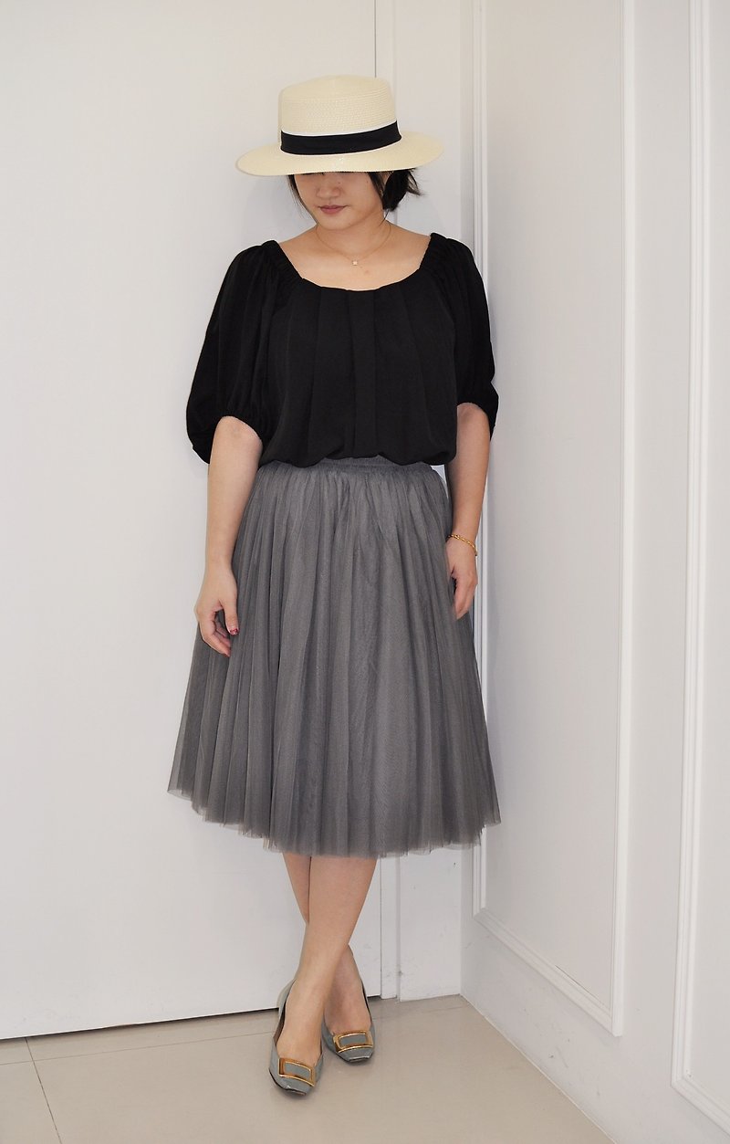 Flat 135 X Taiwanese designer double-layer chiffon fabric French midi skirt drape skirt - กระโปรง - เส้นใยสังเคราะห์ สีเทา