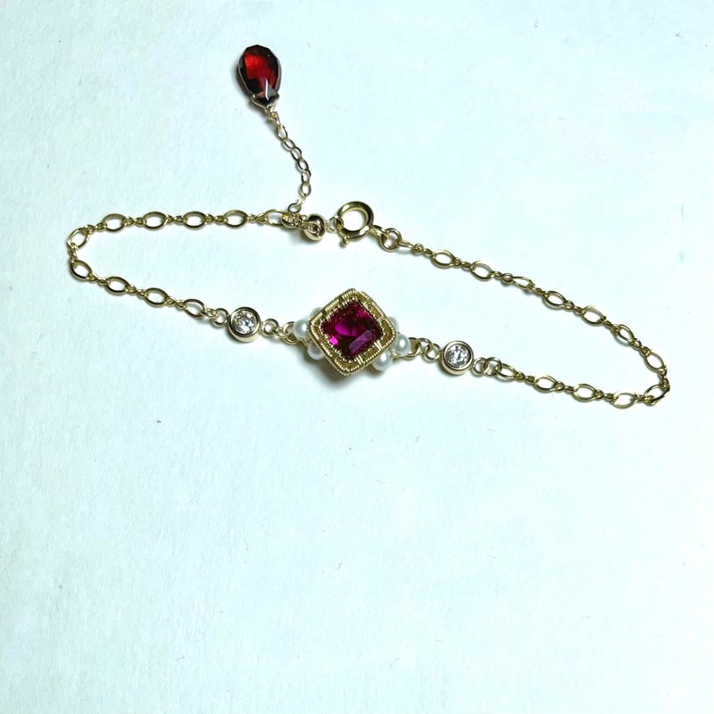 紅寶石珍珠手鏈 14k注金可調節手鏈 誕生石禮物 - 手鍊/手環 - 半寶石 