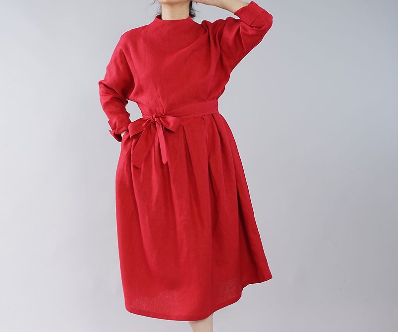 wafu - 純亞麻洋裝 Midweight Linen high neck long sleeve dress / Red a048c-red2 - One Piece Dresses - Linen Red