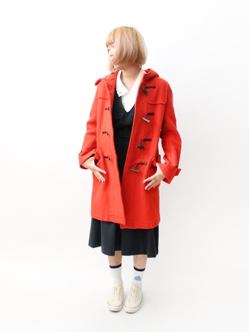 [] RE1229C381 Slim Hooded bright orange vintage horn button coat jacket - Women's Casual & Functional Jackets - Wool Red