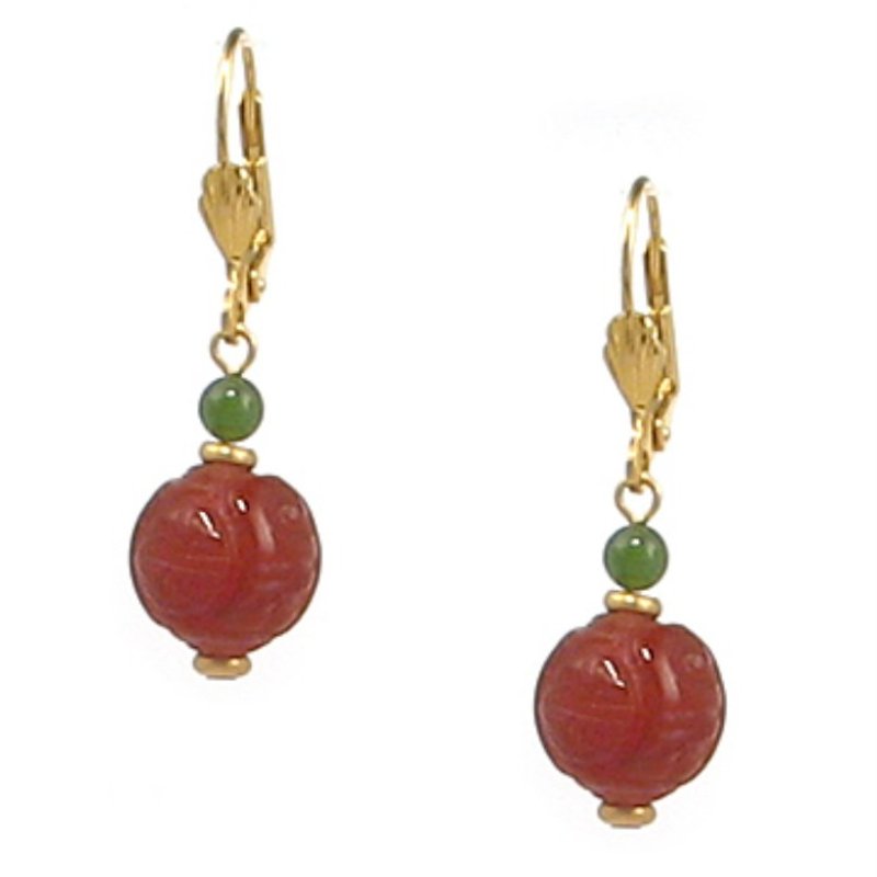 Longevity pattern agate jasper earrings - ต่างหู - เครื่องเพชรพลอย สีแดง
