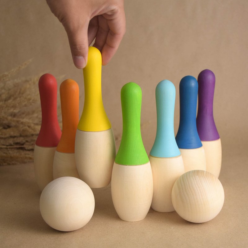 Wooden Bowling Skittles Set Mini Wood Bowling Game with Pins Montessori Toys - ของเล่นเด็ก - ไม้ หลากหลายสี