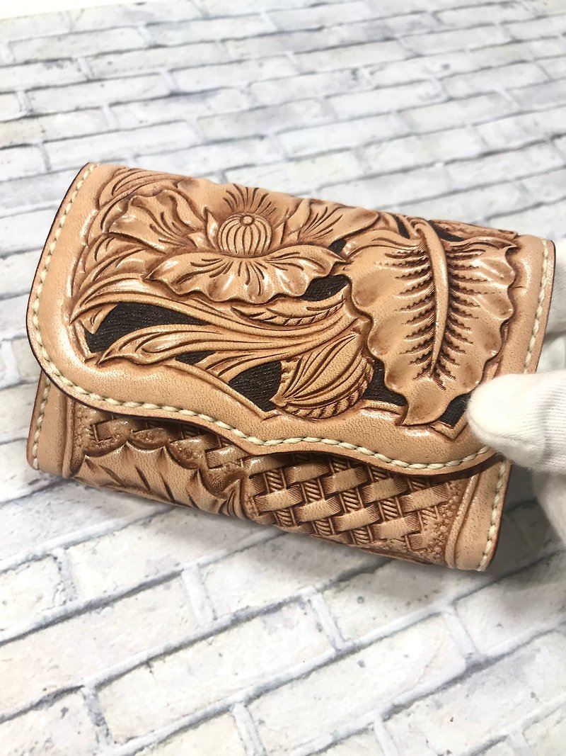 Business card case/Leather card case/Leather carving/Hand dyeing/Carving/Small leather goods - Card Holders & Cases - Genuine Leather Brown