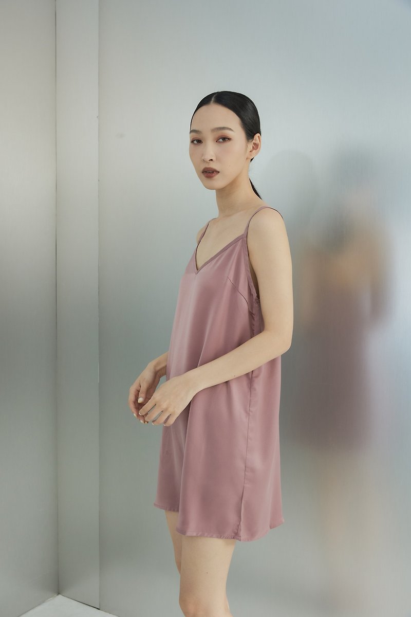 Bree silky soft minimalist neat thin shoulder strap short dress pink dry rose