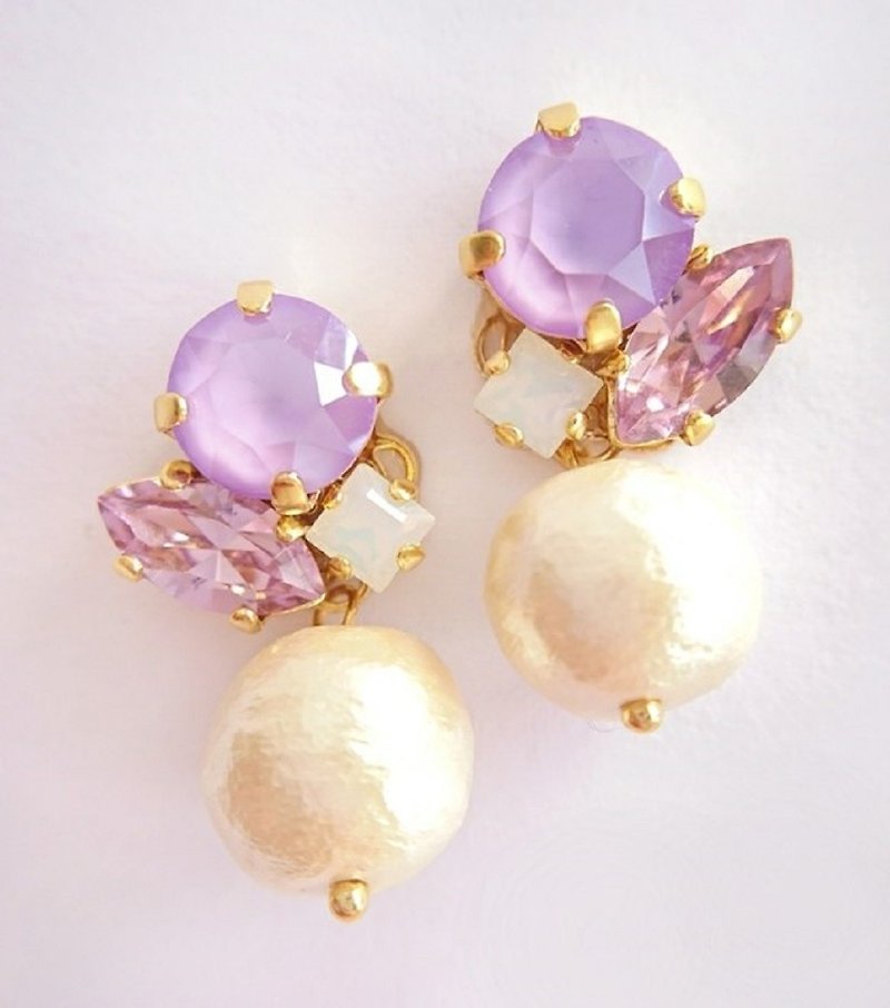 Swarovski & Pearl Clip-On, Earrings (Lavender) - ต่างหู - คริสตัล สีม่วง