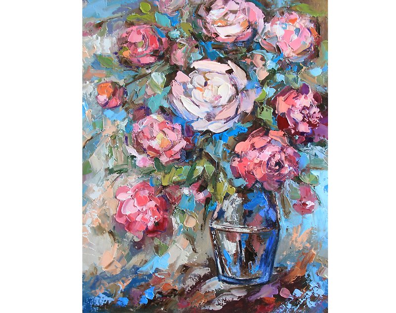 Bouquet of bright flowers pink roses in a vase. Wall panel. - โปสเตอร์ - วัสดุอื่นๆ หลากหลายสี