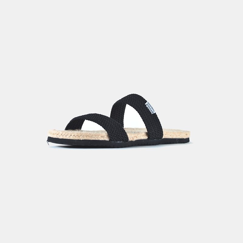 Fast Shipping | Simple Elastic Double Strap Natural Linen Braided Sandals and Slippers Tatami Matte Healthy Sweat Absorbing Black - Sandals - Cotton & Hemp Black