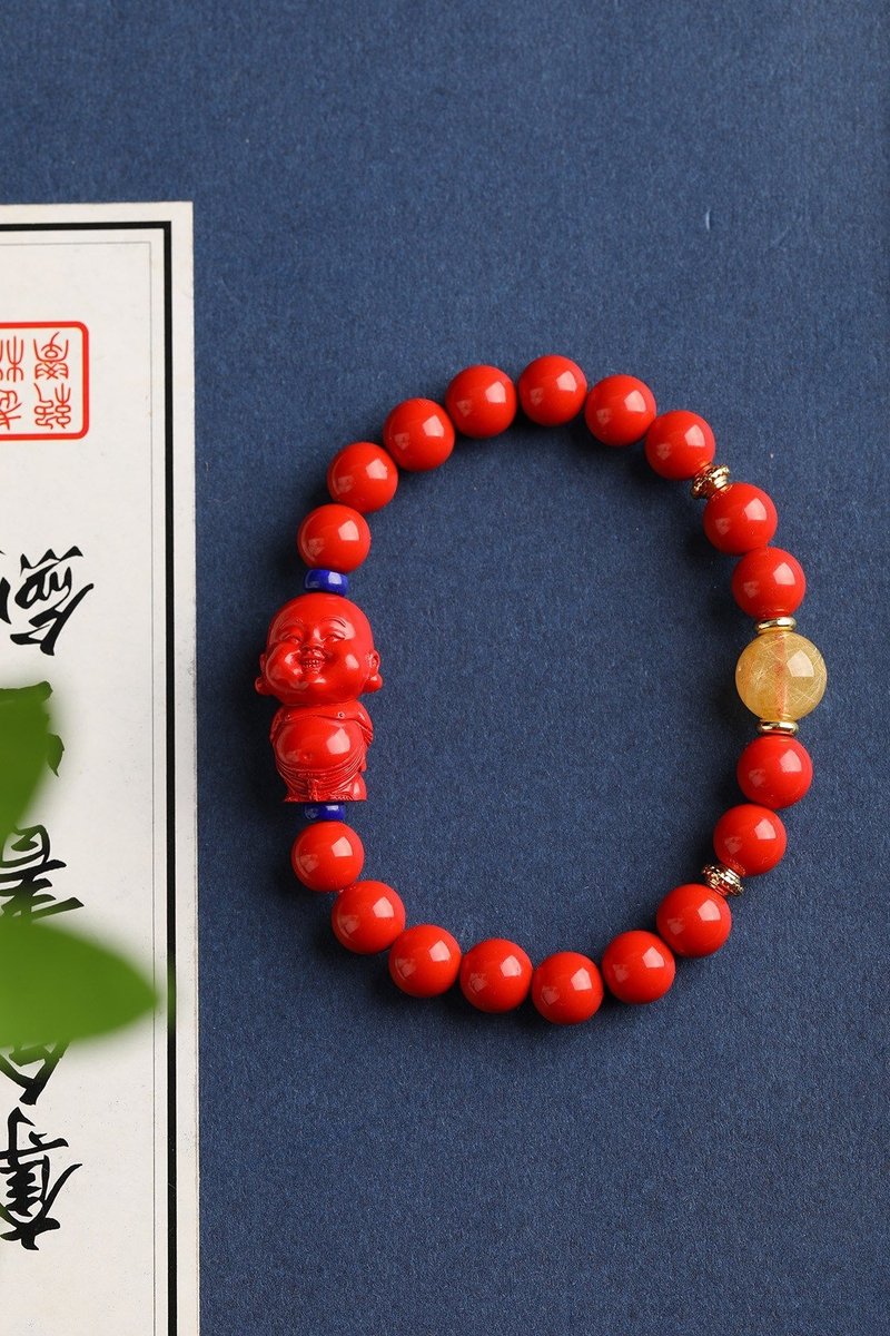 Natural cinnabar fine red sand laughing Buddha bracelet about 8mm cinnabar content up to 95% - Bracelets - Gemstone 