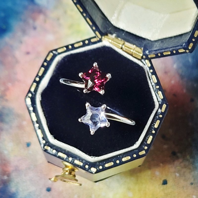 Twins Star Iolite Rhodolite 925 Silver Open Ring - แหวนทั่วไป - เครื่องประดับพลอย สีแดง